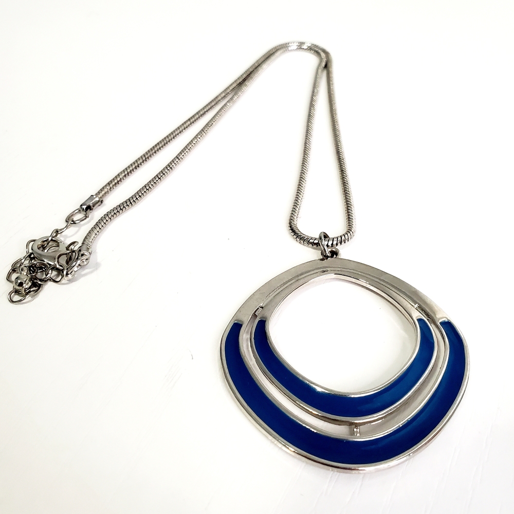 Silver-Tone Blue Enamel Crescent Pendant Necklace - Women Jewelry